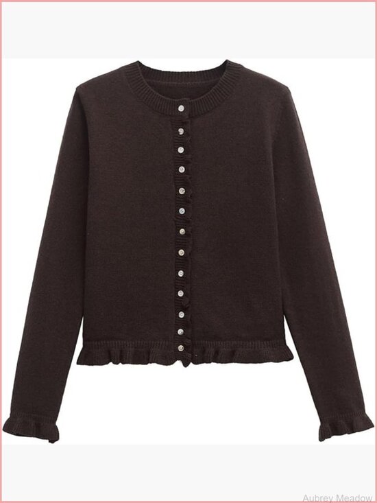 Sweaters - Women's Cropped Cardigan Sweater Crewneck Ruffle Long Sleeve Button Down